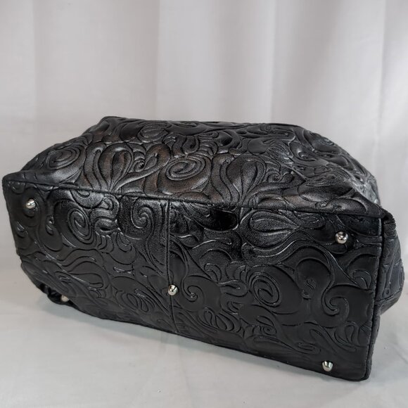 Isadora Italy Tooled Leather Purse Black Large Shoulder Bag Tote Swirls MSRP$425 - Picture 9 of 16